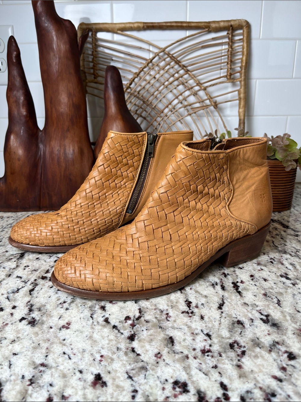 Frye Woven Leather Ankle Booties in Tan